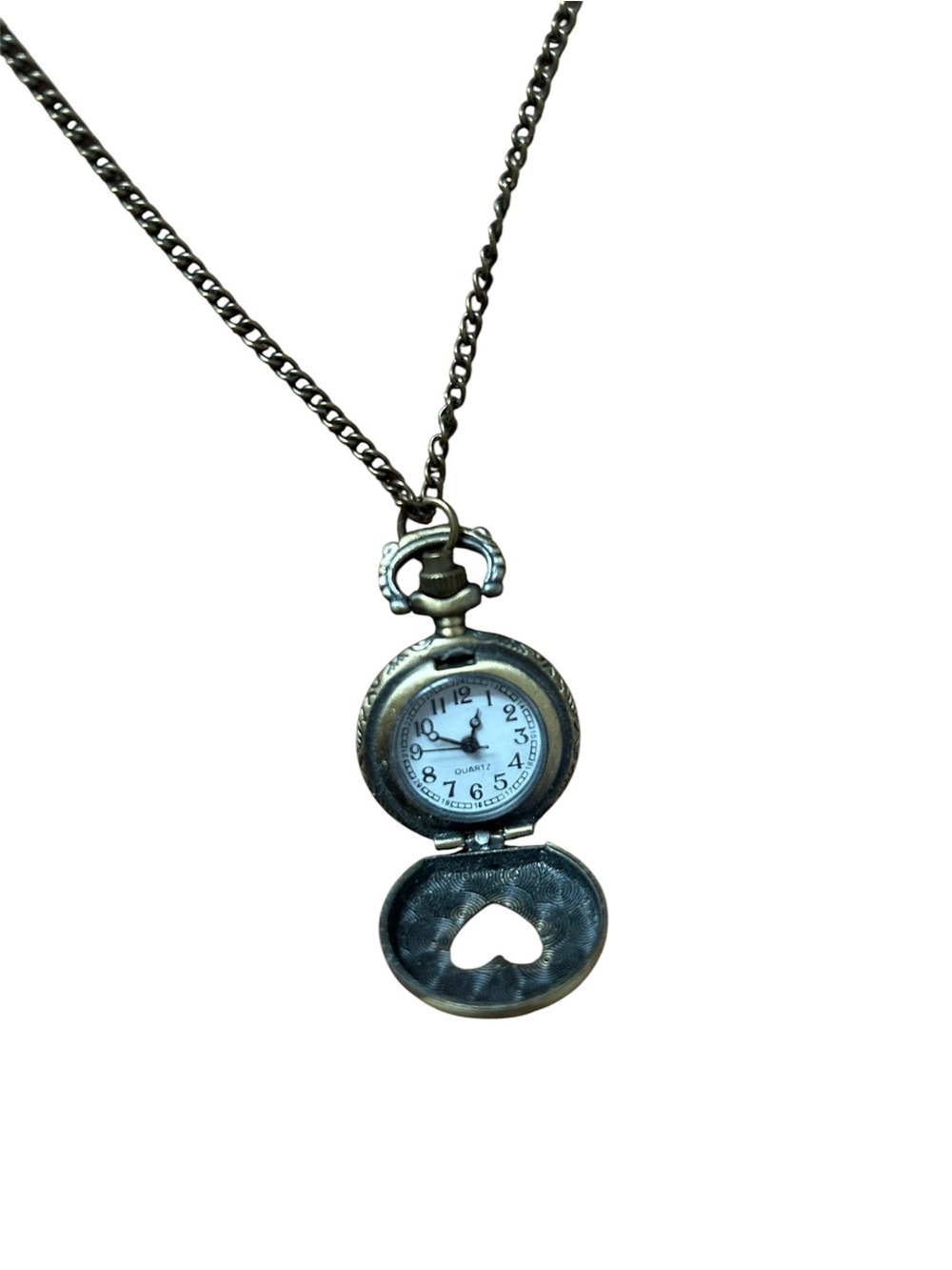 Vintage-Style Heart Locket Pocket Watch Necklace in Antiqued Bronze - Picture 1 of 4